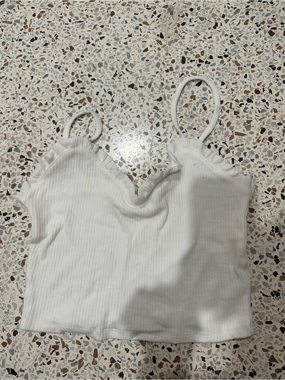 Garage White Ribbed Tank Top with Ruffle Trim